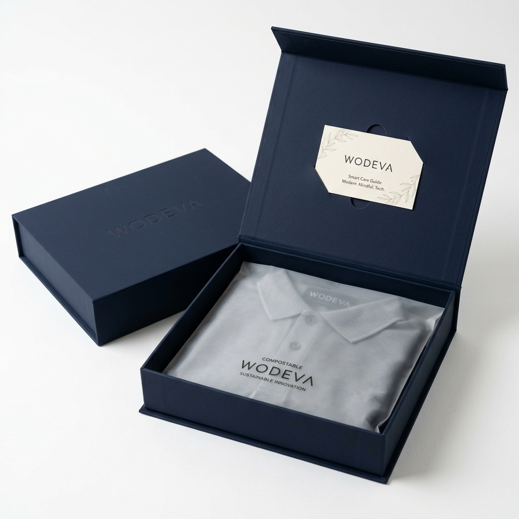 Packaging de Wodeva: caja azul marino con polo doblado